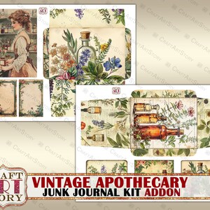 May include: Vintage apothecary junk journal kit add-on with images of bottles, flowers, and a woman in a vintage dress. The kit includes envelopes, tags, and other embellishments.