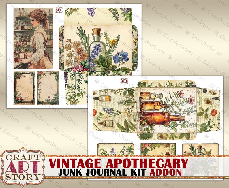 May include: Vintage apothecary junk journal kit add-on with images of bottles, flowers, and a woman in a vintage dress. The kit includes envelopes, tags, and other embellishments.