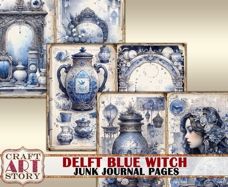 Delft Blue Witch Junk Journal Pages,scrapbook Printables Digital Papers ...
