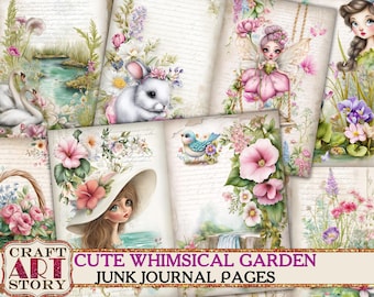 May include: A collection of "Cute Whimsical Garden" junk journal pages. The pages feature illustrations of fairies, bunnies, swans, and flowers. The color palette includes soft pinks, greens, and blues, with a vintage aesthetic.