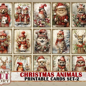 Vintage Christmas animals printable cards set-2,winter printables digital papers