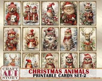 Vintage Christmas animals printable cards set-2,winter printables digital papers