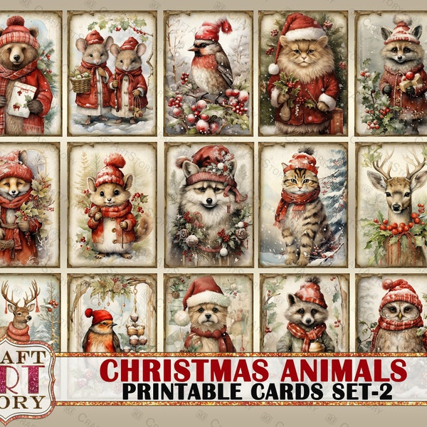 Ensemble de 2 cartes imprimables animaux de Noël vintage, papiers numériques à imprimer hiver