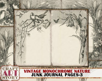 Vintage old paper Junk Journal Pages,natural monochrome digital ephemera papers-3