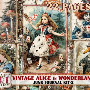 Vintage Alice Wonderland Junk Journal Pages, cyfrowe papiery do druku scrapbookingowego-2