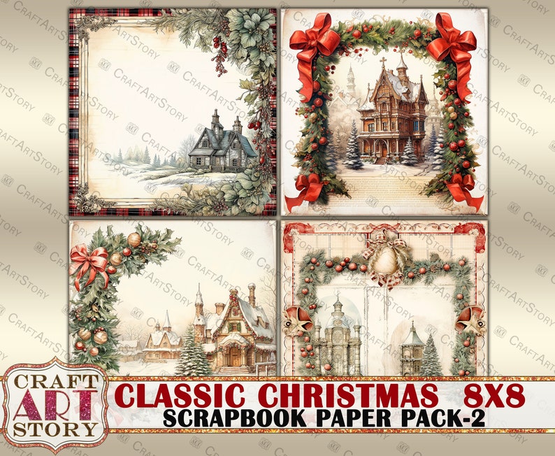 Classic Christmas Scrapbook Paper Pack-2,8x8 DIGITAL papers, paper pad image 3