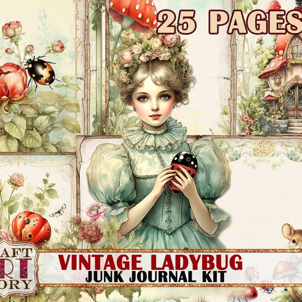 Vintage Ladybug Fantasy Junk Journal Pages, printables digital papers