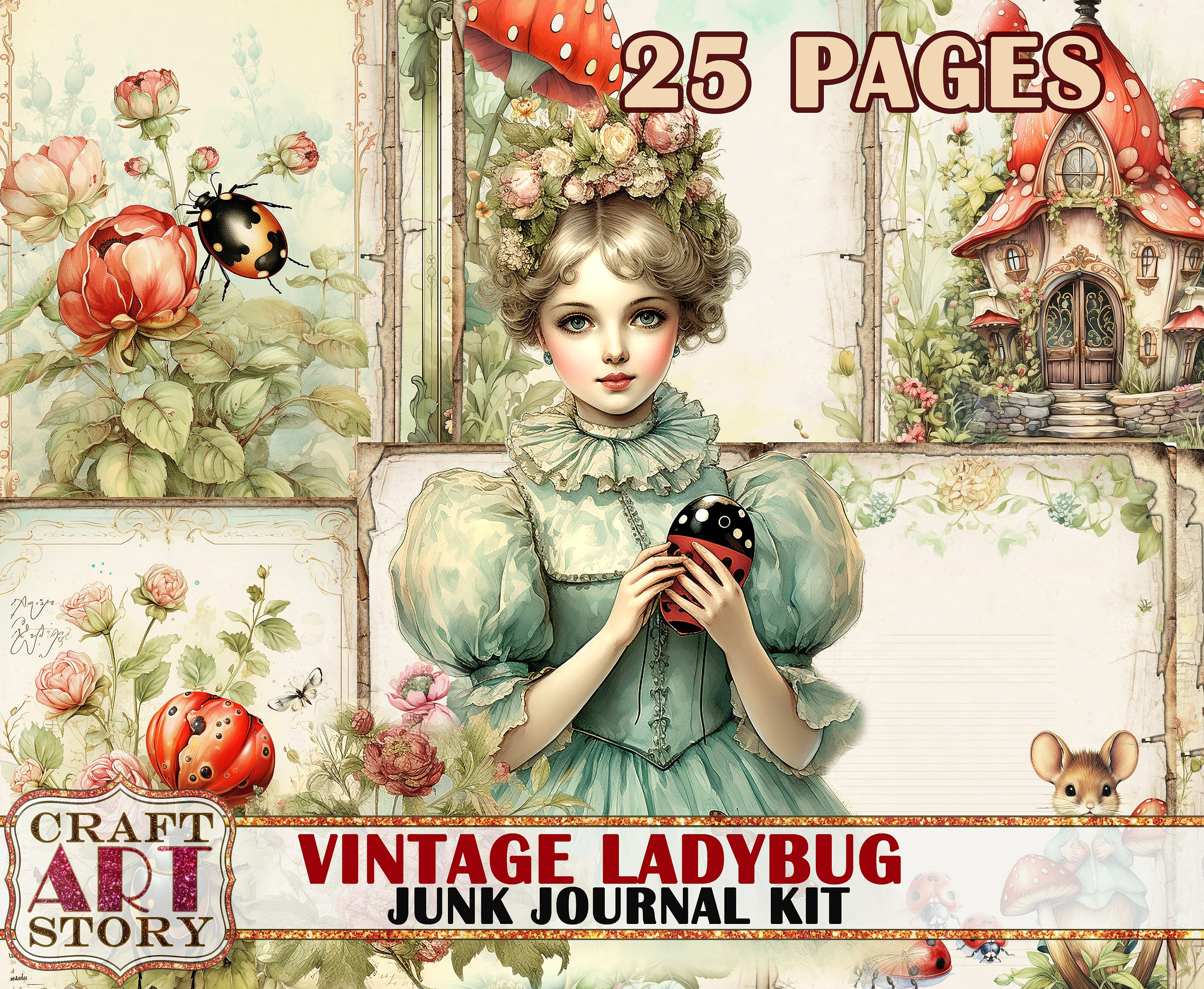 Vintage Ladybug Fantasy Junk Journal Pages, Printables Digital Papers ...