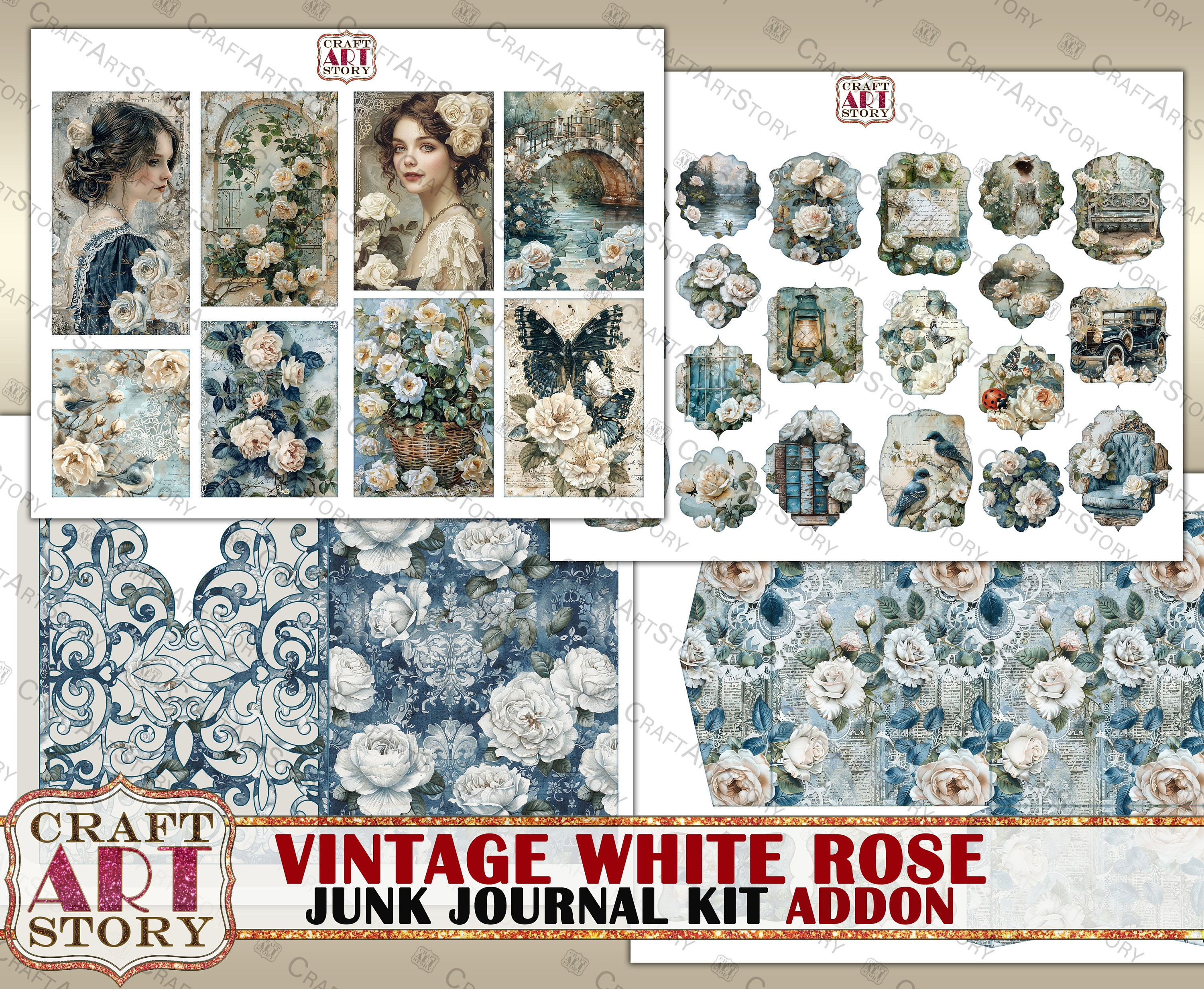 Vintage White Rose Junk Journal Kit Addon,scrapbook Printables Digital ...