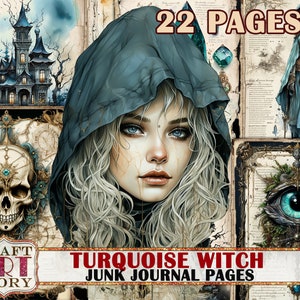 Páginas de diario basura de bruja turquesa, papeles digitales imprimibles de álbumes de recortes