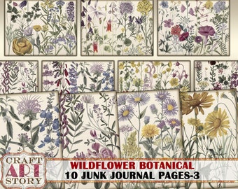 Vintage old paper Wildflowers Junk Journal Pages-3,backgrounds kit,decorative papers