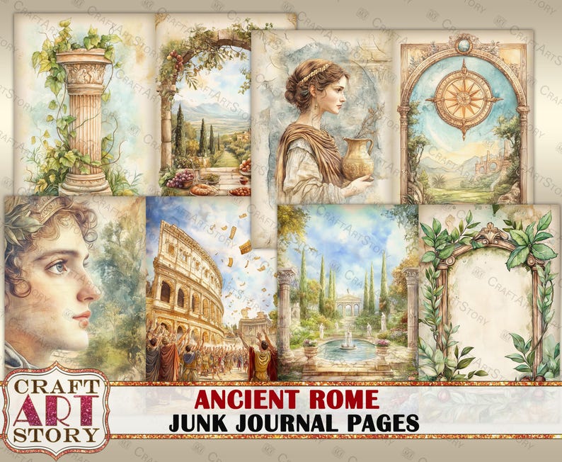 May include: Six digital collage sheets featuring watercolor illustrations of ancient Roman architecture, a woman in a toga, and a compass. The text "Ancient Rome Junk Journal Pages" is at the bottom of the image.