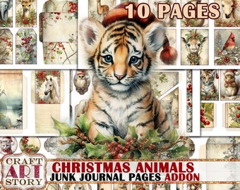 Animales navideños vintage Junk Journal Pages ADDON, papeles digitales imprimibles de invierno