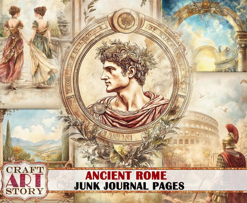 May include: A digital collage of images depicting ancient Rome. The collage includes a portrait of a Roman man, a view of the Colosseum, and two women in Roman-style clothing. The text "Ancient Rome Junk Journal Pages" is displayed at the bottom of the collage.