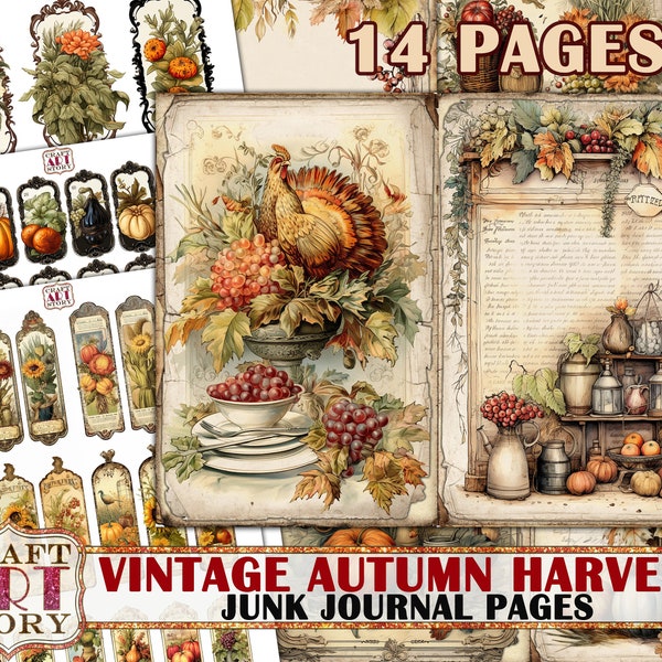 Vintage autumn harvest Junk Journal Pages,scrapbook printables digital papers