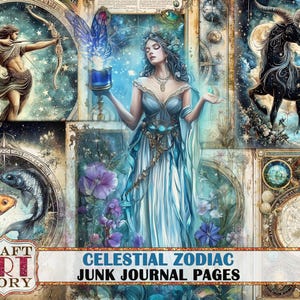 Páginas de diario basura del zodíaco celestial, imprimibles de fantasía astrológica, papeles celestiales digitales