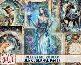 Celestial Zodiac Junk Journal Pages,Astrology fantasy printables digital Celestial papers