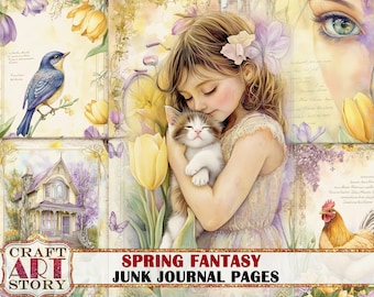 May include: A collage of images featuring a young girl holding a white kitten, a bluebird, a yellow tulip, a house, and a rooster. The collage is titled "Spring Fantasy Junk Journal Pages".