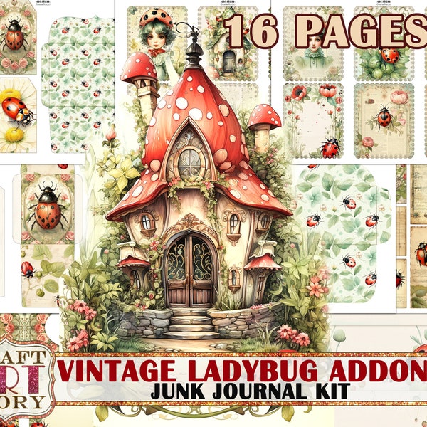 Vintage Ladybug Fantasy Junk Journal Pages ADDON, printables digital papers
