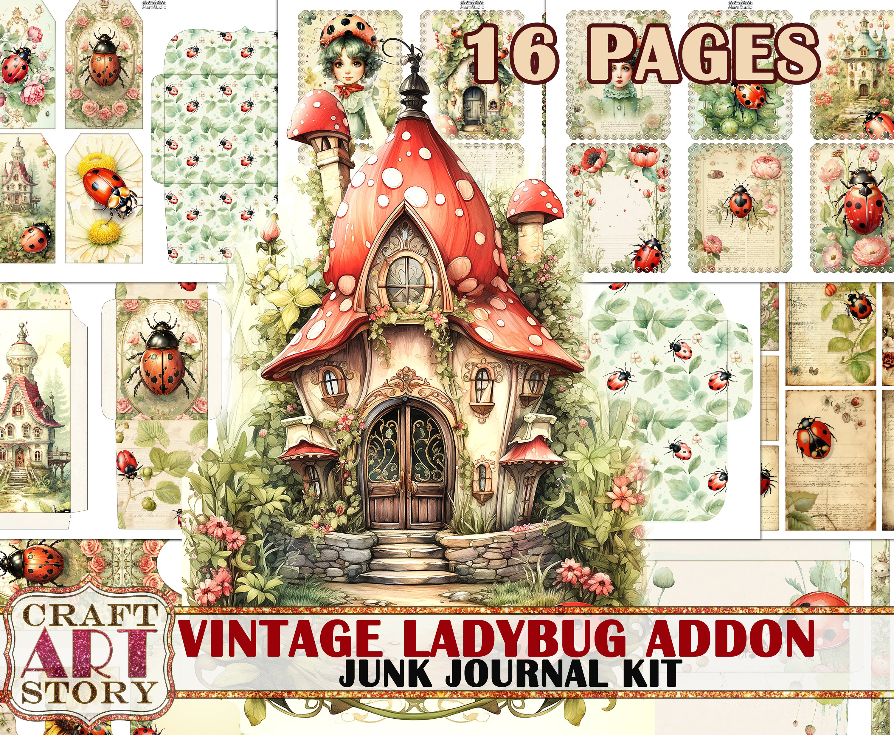 Vintage Ladybug Fantasy Junk Journal Pages ADDON, Printables Digital ...