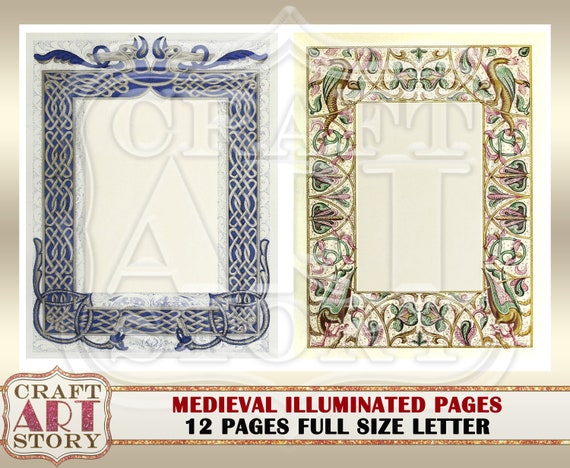 Vintage Medieval Illuminated Manuscript Frame Journal Pages
