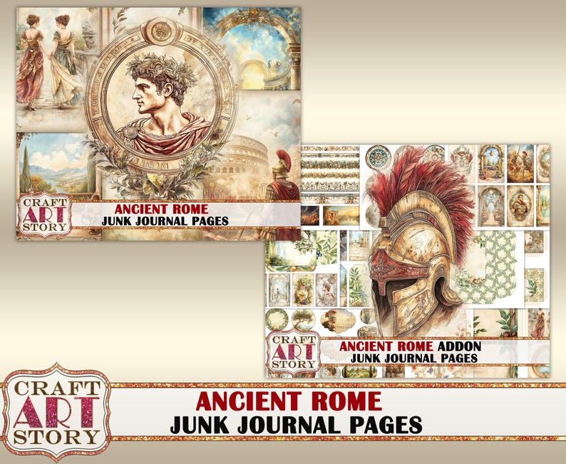 May include: A set of digital printable junk journal pages featuring images of ancient Roman architecture, a Roman soldier, and a bust of a Roman man. The pages are designed for use in scrapbooking, card making, and other paper crafts. The text on the pages reads "Craft Art Story" and "Ancient Rome Junk Journal Pages".