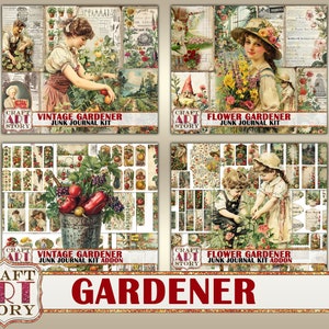 Pu&ograve; includere: Un set di quattro fogli di collage digitale con illustrazioni vintage di giardinieri e fiori. I fogli sono intitolati "Vintage Gardener Junk Journal Kit", "Flower Gardener Junk Journal Kit", "Vintage Gardener Junk Journal Kit Addon", e "Flower Gardener Junk Journal Kit Addon".