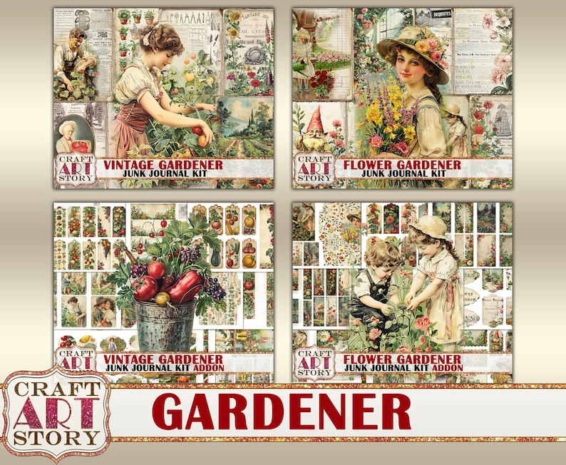 Pu&ograve; includere: Un set di quattro fogli di collage digitale con illustrazioni vintage di giardinieri e fiori. I fogli sono intitolati "Vintage Gardener Junk Journal Kit", "Flower Gardener Junk Journal Kit", "Vintage Gardener Junk Journal Kit Addon", e "Flower Gardener Junk Journal Kit Addon".