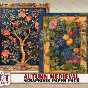 May include: Two digital scrapbook paper designs featuring a blue background with intricate floral patterns. The first design features a stylized tree with pink flowers and the second design features a vine with grapes and peaches.