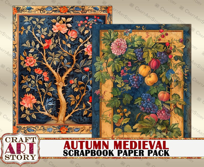 May include: Two digital scrapbook paper designs featuring a blue background with intricate floral patterns. The first design features a stylized tree with pink flowers and the second design features a vine with grapes and peaches.