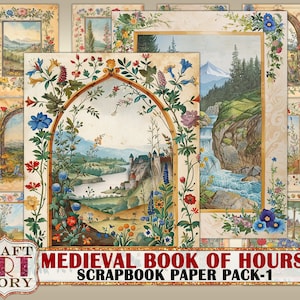Páginas del diario del libro de horas del manuscrito iluminado medieval vintage-1, borde, kit de diario de papel