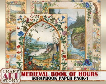 Páginas del diario del libro de horas del manuscrito iluminado medieval vintage-1, borde, kit de diario de papel