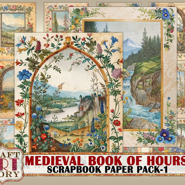 Vintage Medieval Illuminated Manuscript Book of Hours journal pages-1,Border,Paper Journal Kit