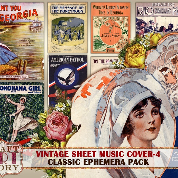 Vintage digital Sheet Music Cover art Ephemera Pack-4,download antique sheets kit