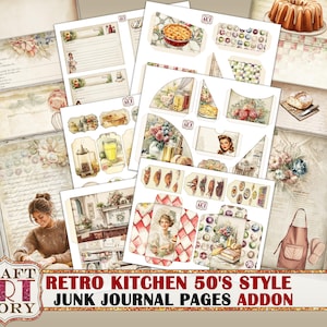 Retro Kitchen Junk Journal strony ADDON, scrapbooking 50's style Cook Book Collage Printables Ephemera