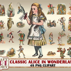 Clipart classique d'Alice au pays des merveilles, 48 autocollants numériques PNG