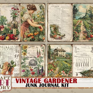 Pu&ograve; includere: Kit di diario di scarto a tema giardinaggio vintage con sei immagini diverse. Le immagini includono una scena di giardino con un sentiero, una donna che si prende cura di piante di pomodoro, un giardino con una casa sullo sfondo, una pagina di un catalogo di giardinaggio, una pagina con attrezzi da giardino e una pagina con attrezzi da giardino e un carrello.