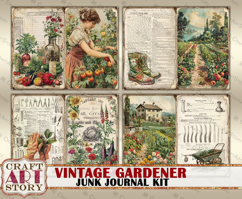 Pu&ograve; includere: Kit di diario di scarto a tema giardinaggio vintage con sei immagini diverse. Le immagini includono una scena di giardino con un sentiero, una donna che si prende cura di piante di pomodoro, un giardino con una casa sullo sfondo, una pagina di un catalogo di giardinaggio, una pagina con attrezzi da giardino e una pagina con attrezzi da giardino e un carrello.