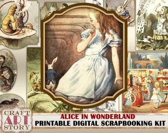 Alice i Underlandet Scrapbooking Kit, Ephemera Pack, Vintage skräpjournal digital konst