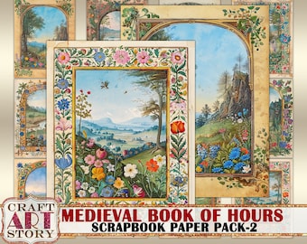 Medeltida upplyst manuskript med tidsbok, sidor - 2, kant, pappersjournalkit