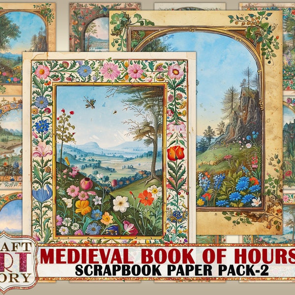 Vintage Medieval Illuminated Manuscript Book of Hours journal pages-2,Border,Paper Journal Kit