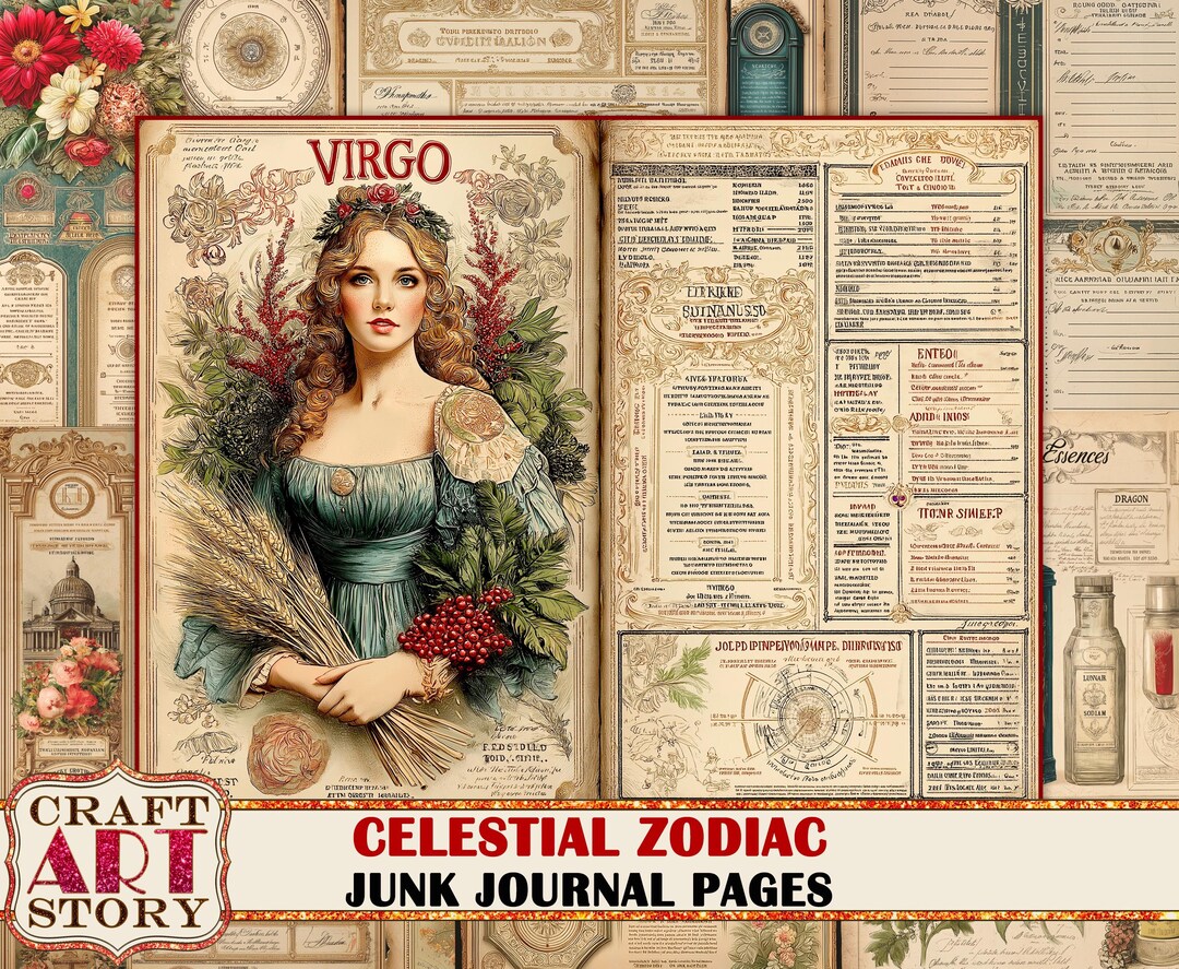 Celestial Zodiac Junk Journal Pages, Vintage Astrology Scrapbook Kit ...