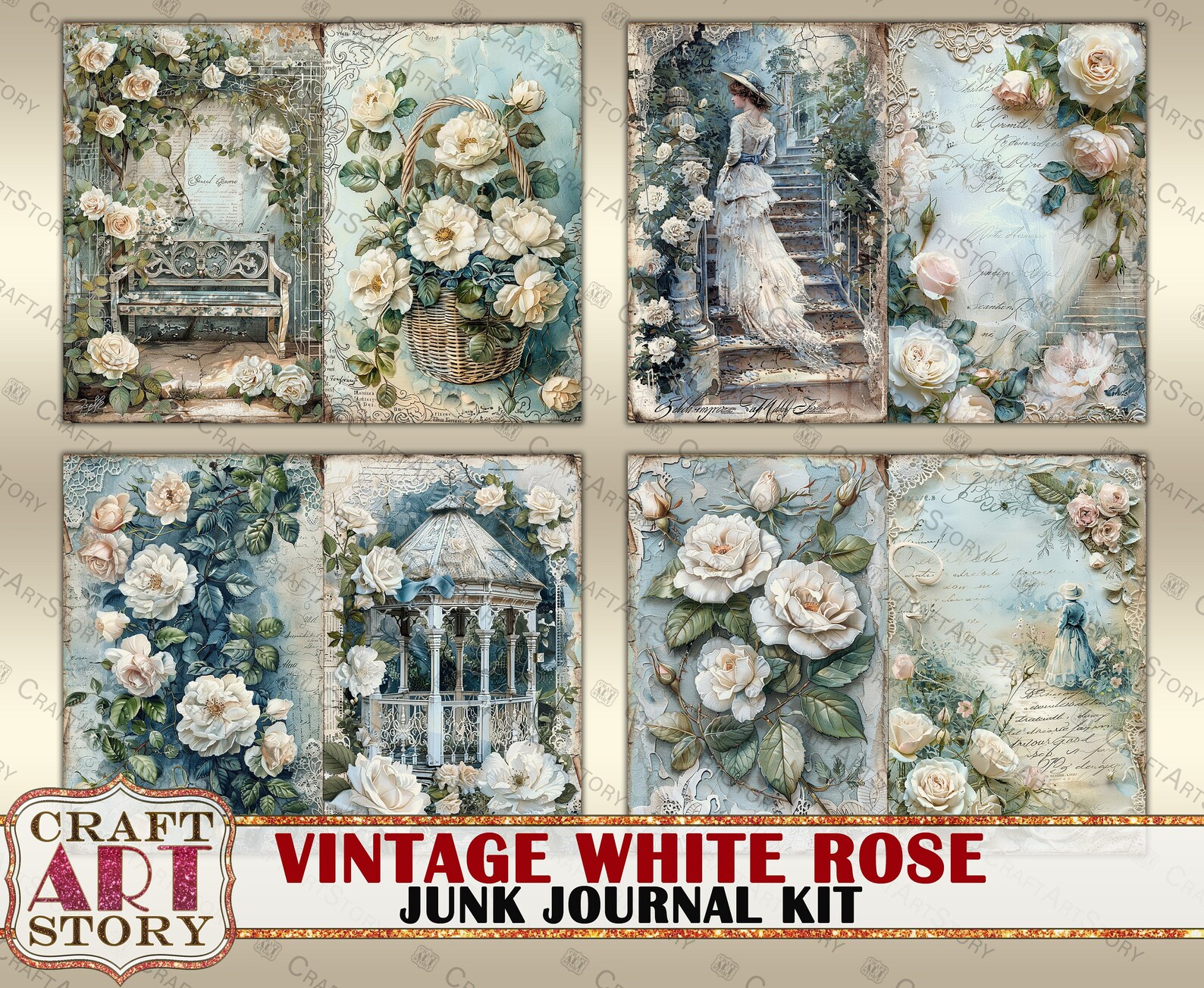 Vintage White Rose Junk Journal Kit,scrapbook Printables Digital Papers ...