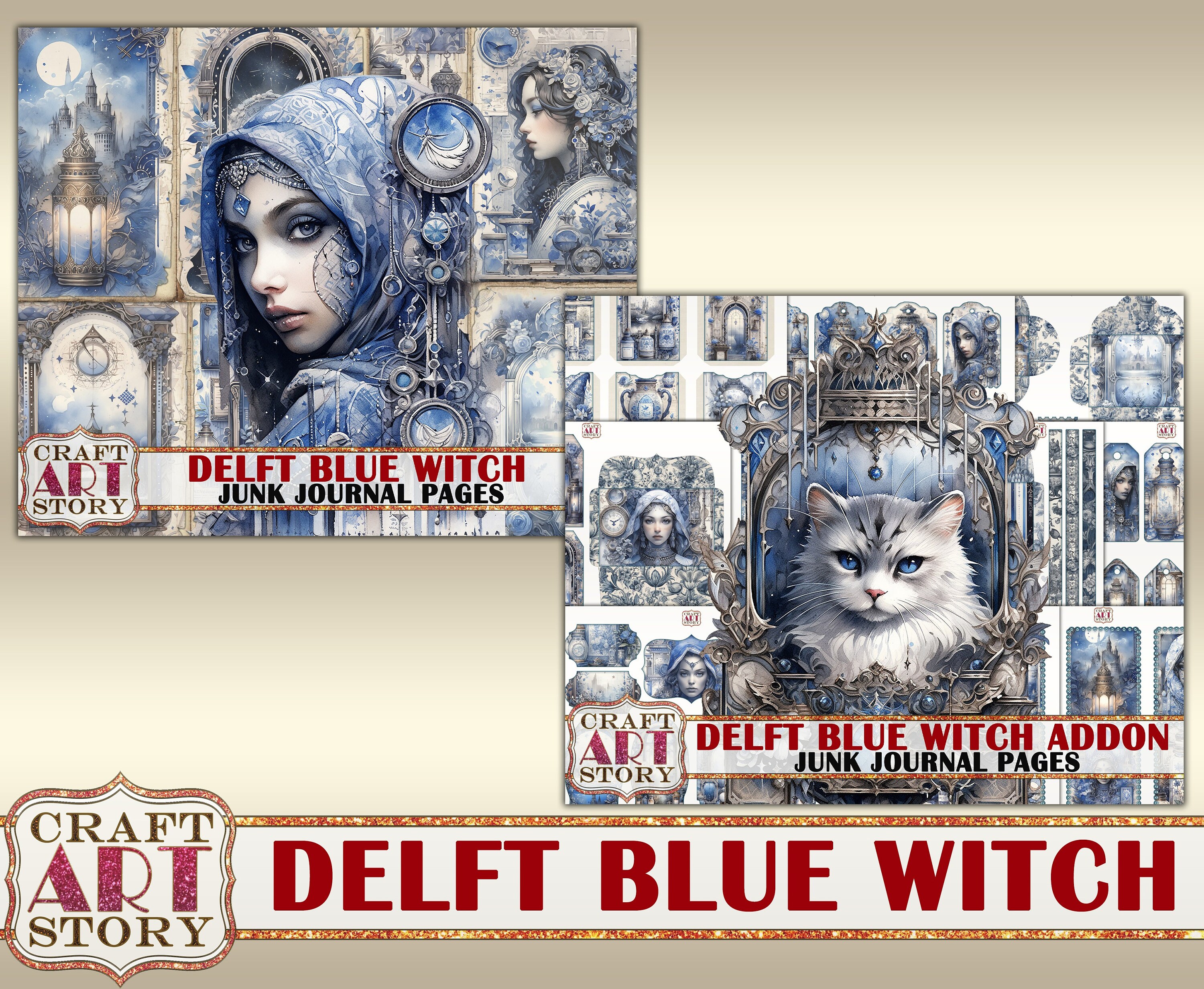 Delft Blue Witch Junk Journal Pages,scrapbook Printables Digital Papers ...