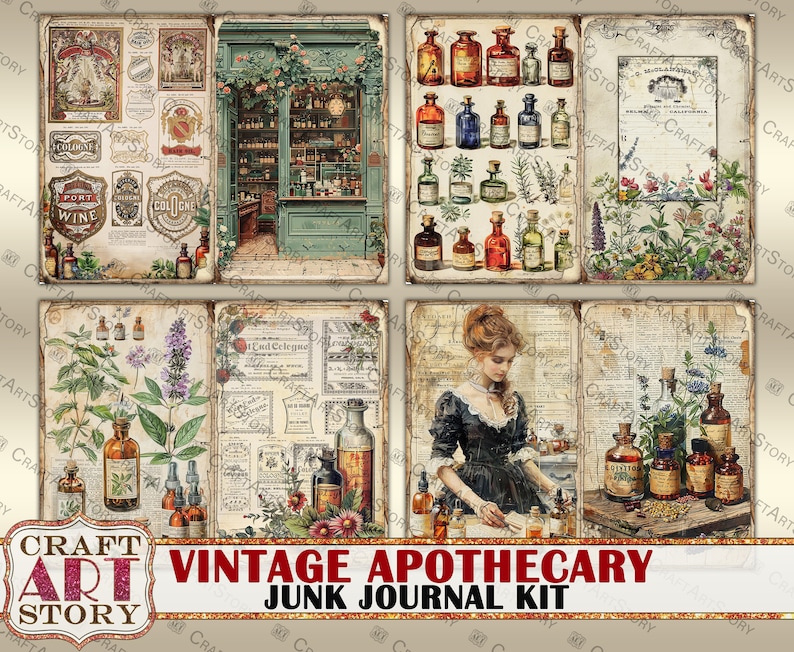 Vintage pharmacy Junk Journal Pages, apothecary printables digital papers image 3