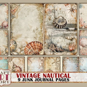 Vintage nautische Junk Journal Seiten, Retro Scrapbook Marine Ephemera, Strand Hintergründe