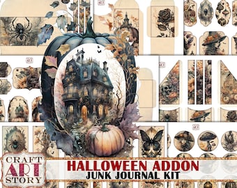 May include: A Halloween-themed junk journal kit with various decorative elements. The kit includes a haunted house illustration, pumpkins, spiders, and witch-themed designs. The color palette features muted tones of blue, beige, and orange, with the text "HALLOWEEN ADDON JUNK JOURNAL KIT".