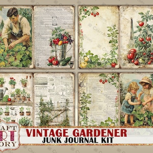 Pu&ograve; includere: Kit di diario di scarto a tema giardinaggio vintage con sei diverse pagine di carta che presentano illustrazioni di piante, fiori e attrezzi da giardino. Le pagine sono stampate su carta invecchiata con un aspetto usurato. Il kit include una pagina del titolo con il testo "Vintage Gardener Junk Journal Kit".
