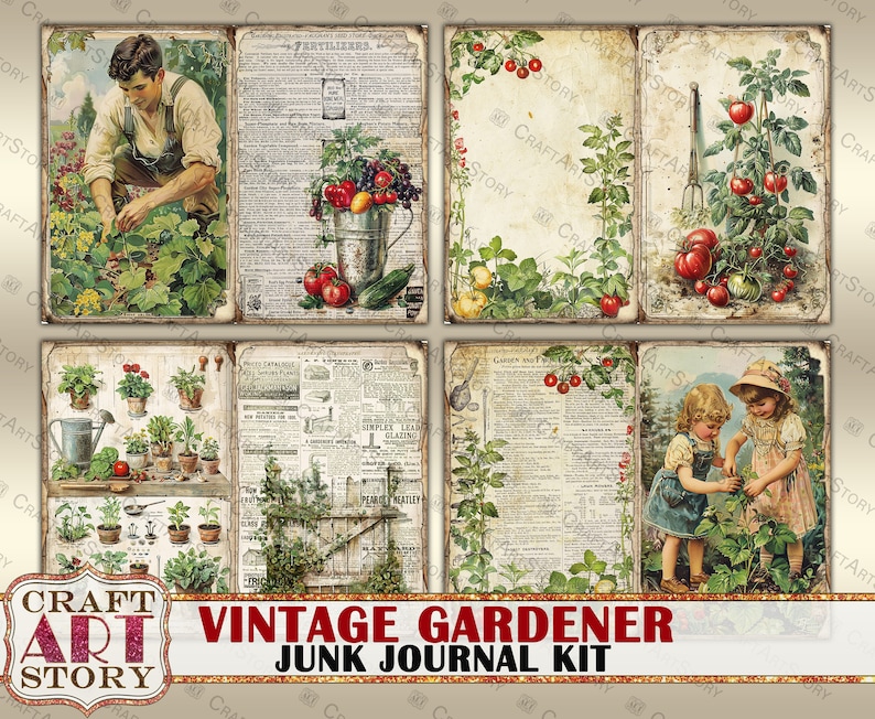 Pu&ograve; includere: Kit di diario di scarto a tema giardinaggio vintage con sei diverse pagine di carta che presentano illustrazioni di piante, fiori e attrezzi da giardino. Le pagine sono stampate su carta invecchiata con un aspetto usurato. Il kit include una pagina del titolo con il testo "Vintage Gardener Junk Journal Kit".