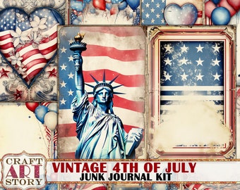 May include: Vintage 4th of July junk journal kit with red, white, and blue patterned paper, a Statue of Liberty image, and a frame with a red, white, and blue star pattern.
